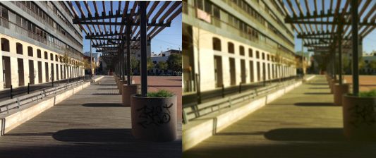 Imagen visión normal vs imagen visión con cataratas. La imagen derecha representa la visión de un paciente con cataratas, en comparación con la imagen nítida de un paciente con visión normal.